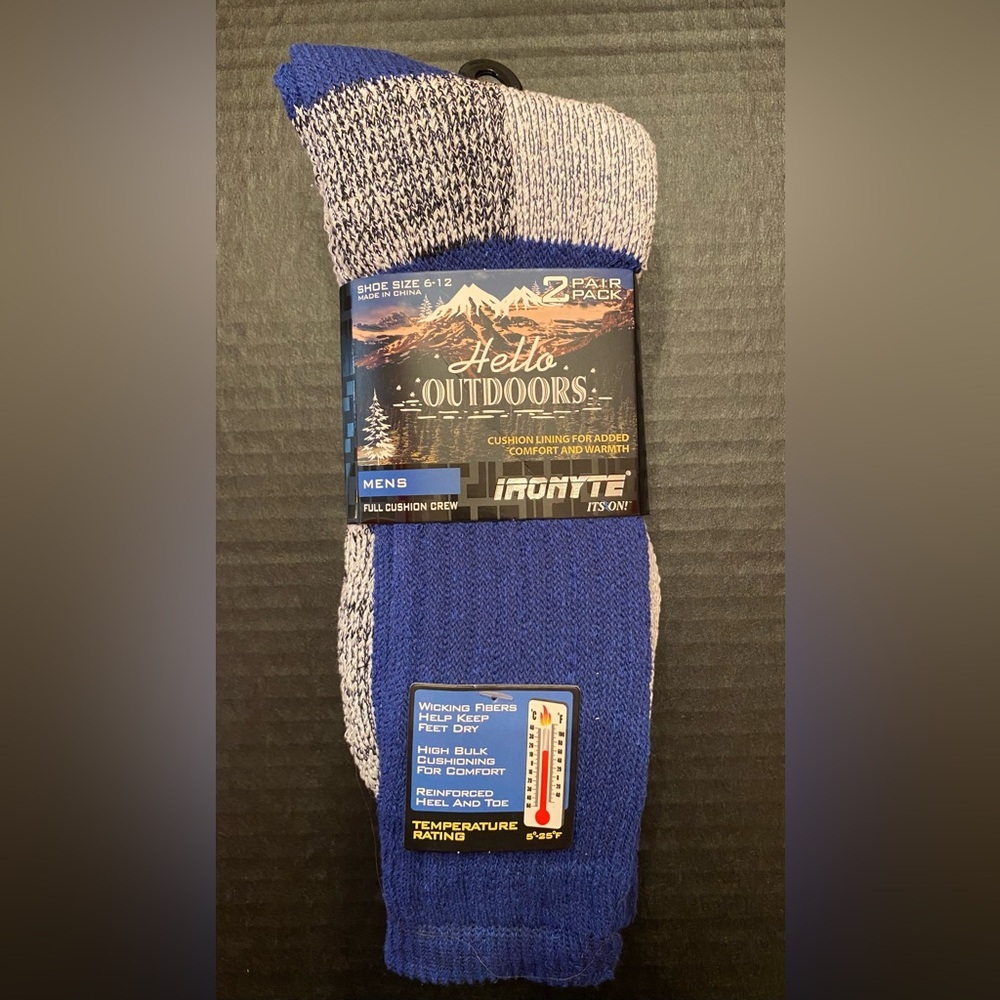 Hello Outdoors 2 Pair Full Cushion Crew‎ Socks Blue/Gray Men’s 6-12